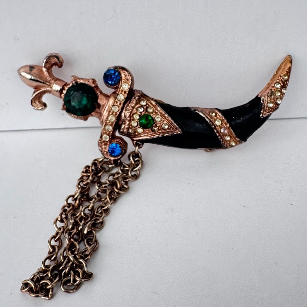 Unsigned Urie Mandle  Vermeil Enamel Chatelaine Dagger Pin Brooch